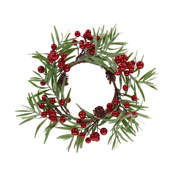 Twig and Feather candle wreath with red berries and sparkle foliage by Coast to Coast