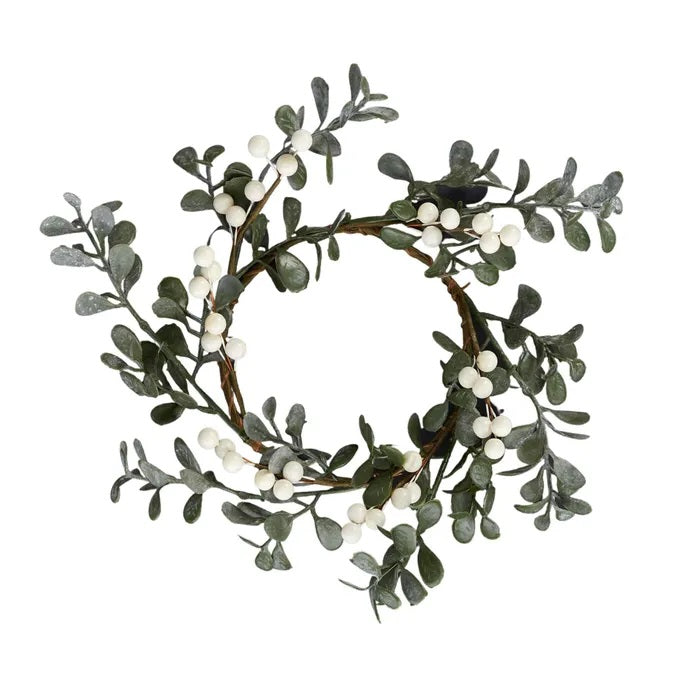 Twig and Feather candle wreath with white berries and grey/green foliage by Coast to Coast