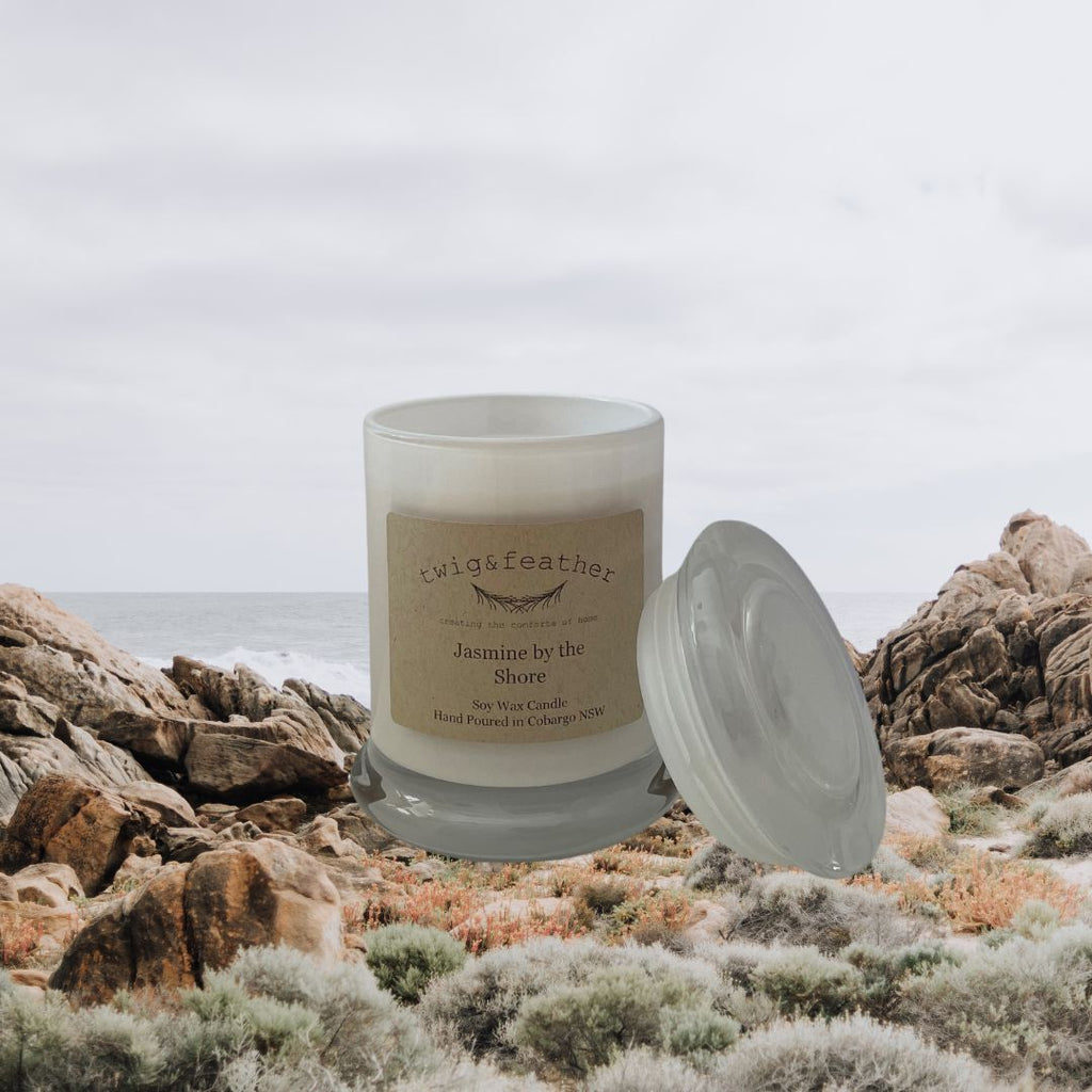 Twig and Feather Jasmine by the Shore soy wax candle 30hr