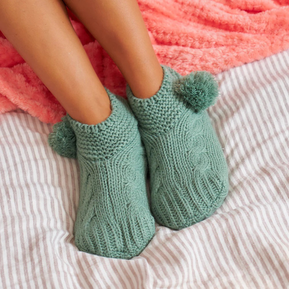 Socks – Slouchy Slippers With Pompoms – Dark Sage