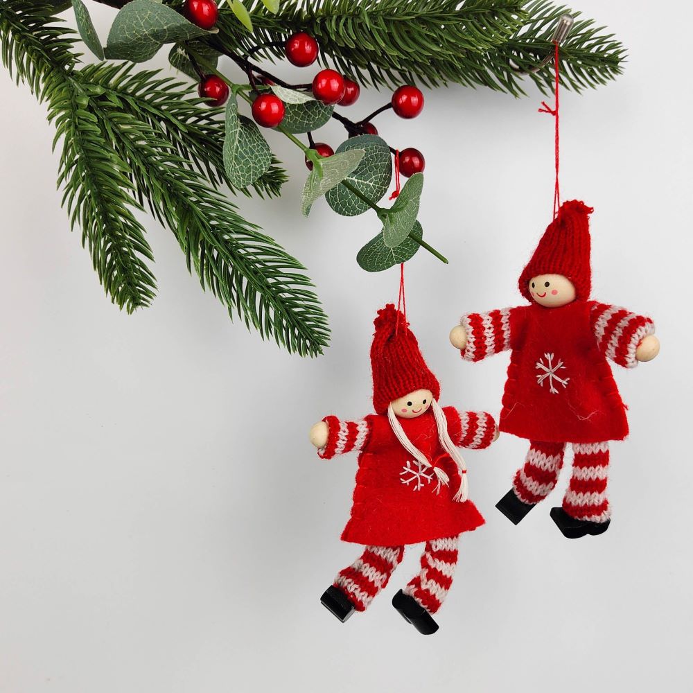 Tomte Boy & Girl with Stripes – Red & White – Set of 2 Hanging Decorations