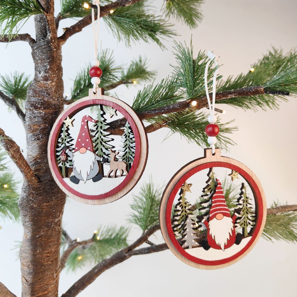 Tomte Santa Scene Wood – Red & White – Set of 2 Hanging Decorations