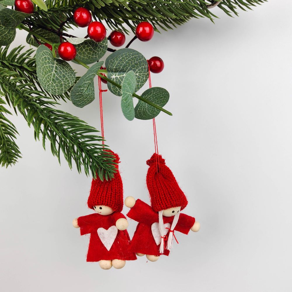 Tomte Boy & Girl with Heart – Red & White – Set of 2 Hanging Decorations