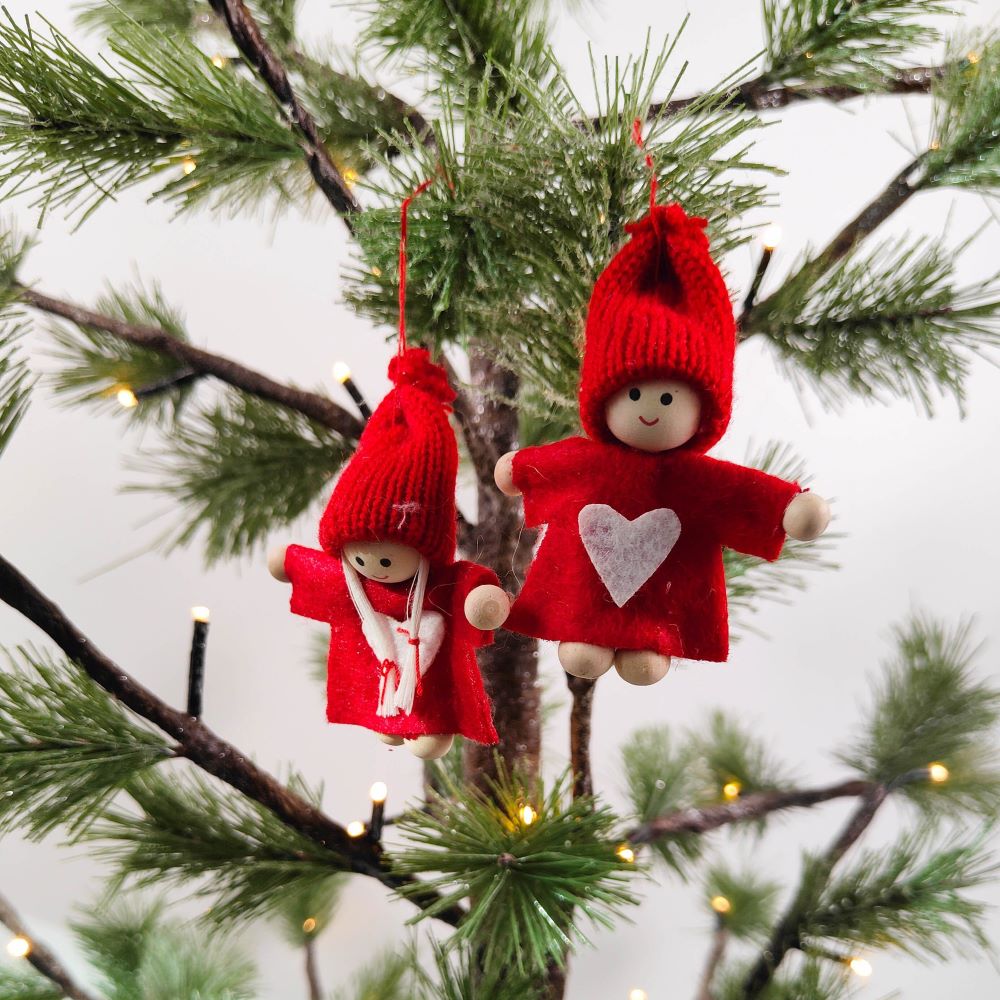 Tomte Boy & Girl with Heart – Red & White – Set of 2 Hanging Decorations