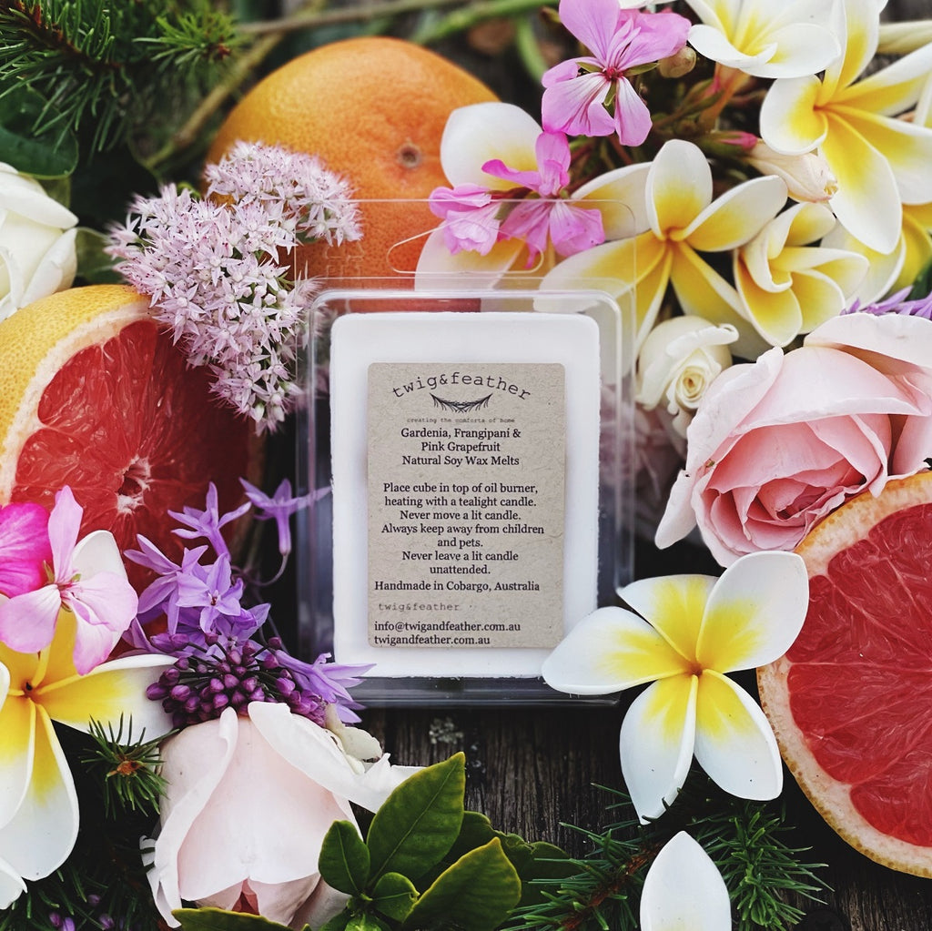 Twig and Feather Soy wax melts fragranced with Gardenia, Frangipani and Pink Grapefruit