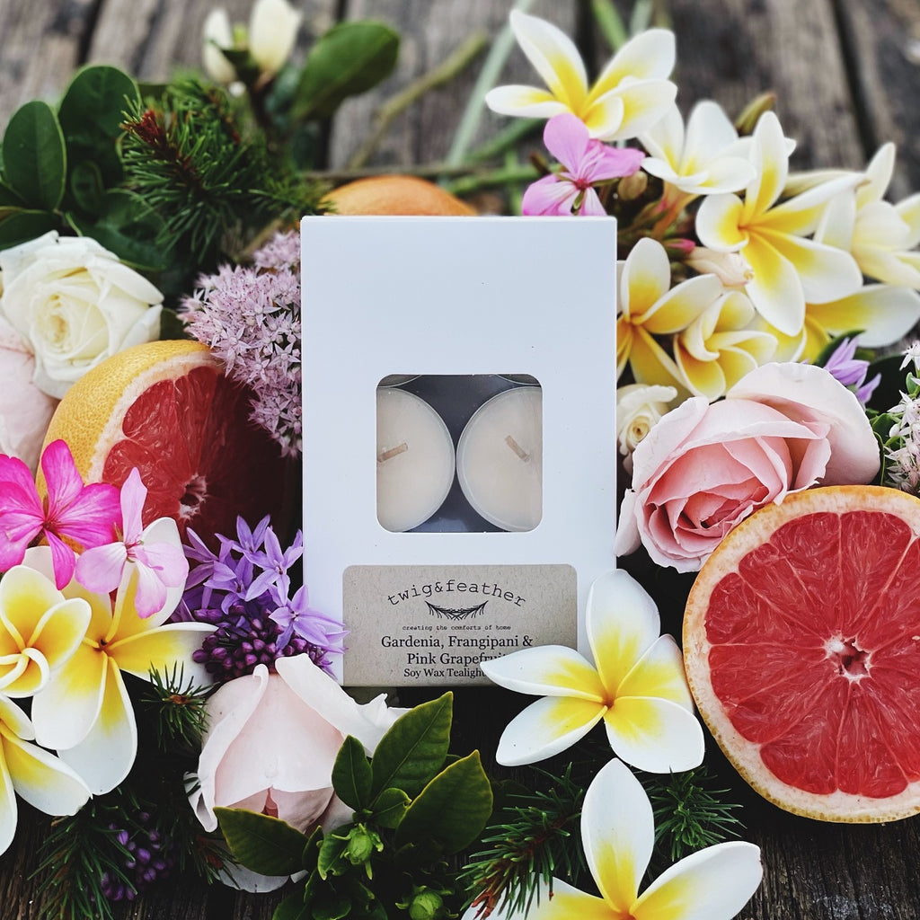 Twig and Feather soy tealights scented with Gardenia, Frangipani and Pink Grapefruit