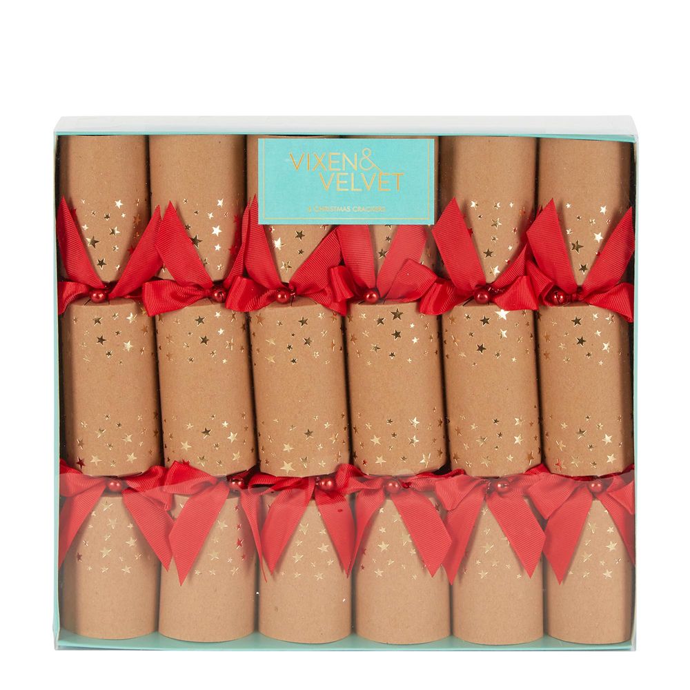 Twig and Feather Christmas Crackers kraft with gold star and red ribbon 6pk