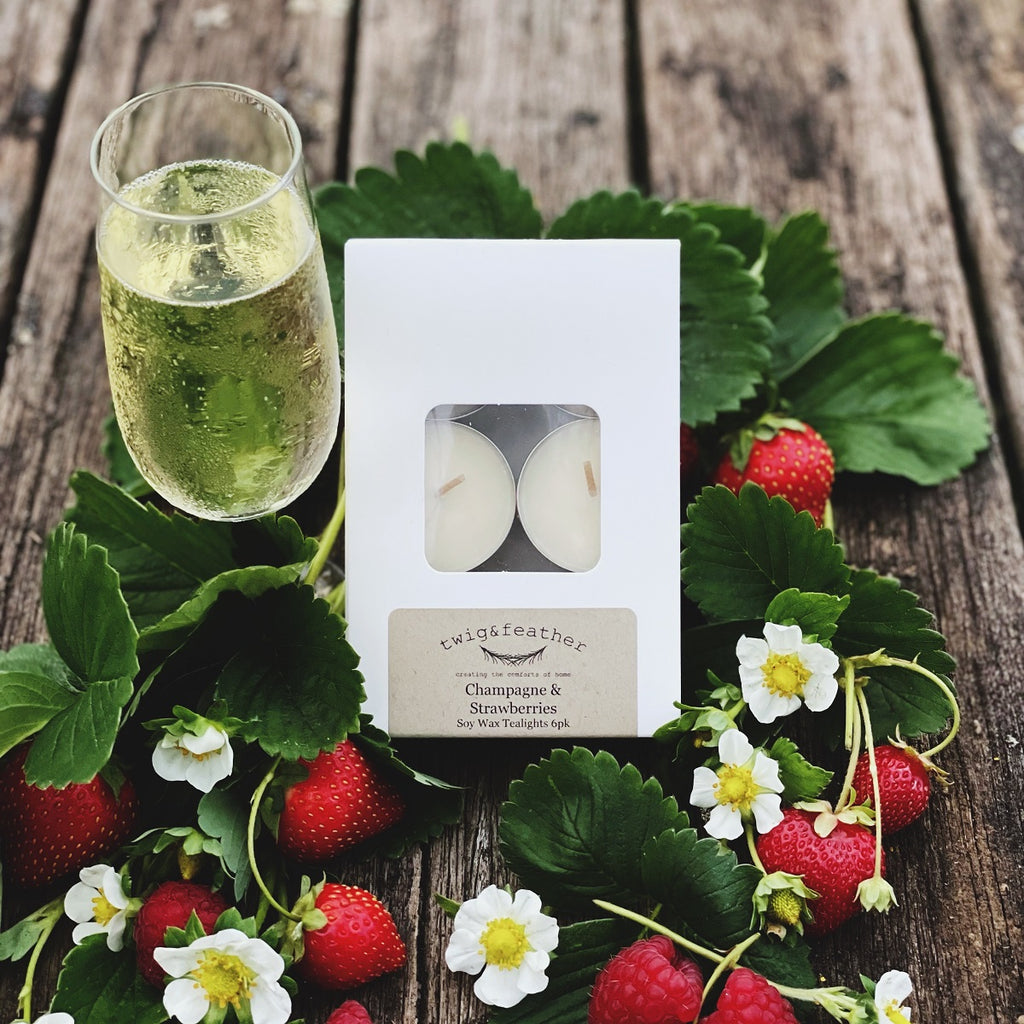 Twig and Feather Soy Wax Tealights 6pk scented with Champagne and Strawberries