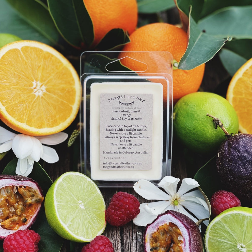 Twig and Feather Soy wax scented melts in Passionfruit, Lime and Orange