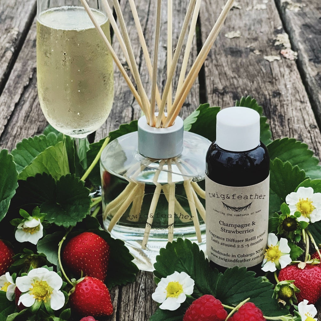 Twig and Feather Fragrance diffuser refill scented with Champagne & Strawberries 100ml