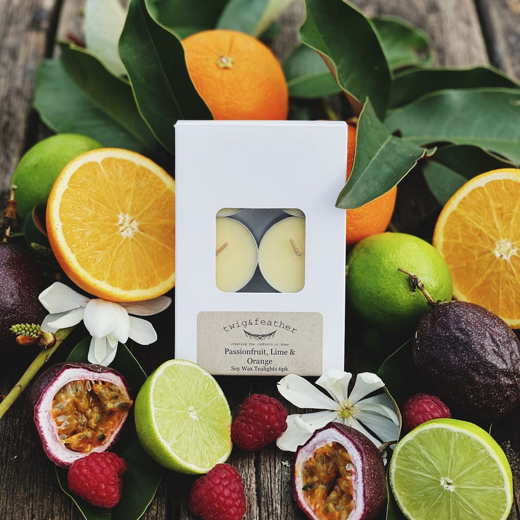 Twig and Feather soy tealights 6pk scented with Passionfruit, Lime and Orange