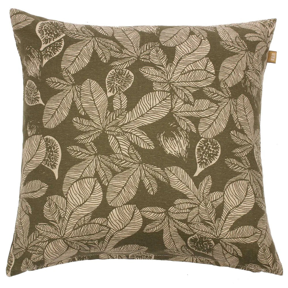 Twig and Feather cushion fig tree in burnt olive green by Raine and Humble