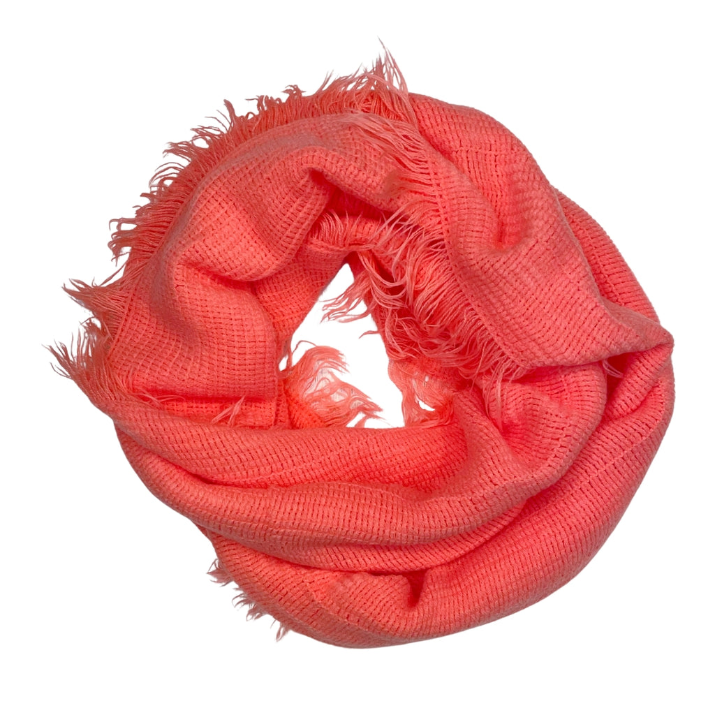 Twig and Feather snood with fringe in coral pink by Annabel Trends