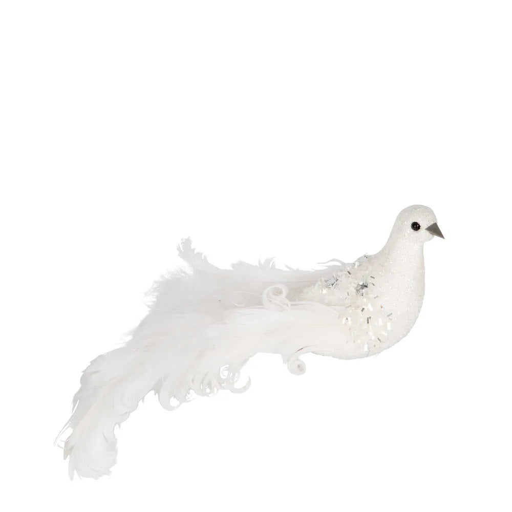 Twig and Feather glitter bird white decoration with a flourish feather tail