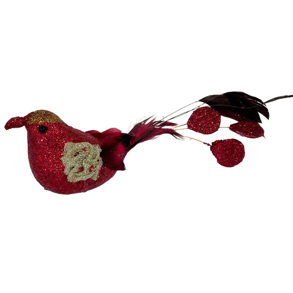 Twig and Feather Christmas bird decoration Kiesha red with clip