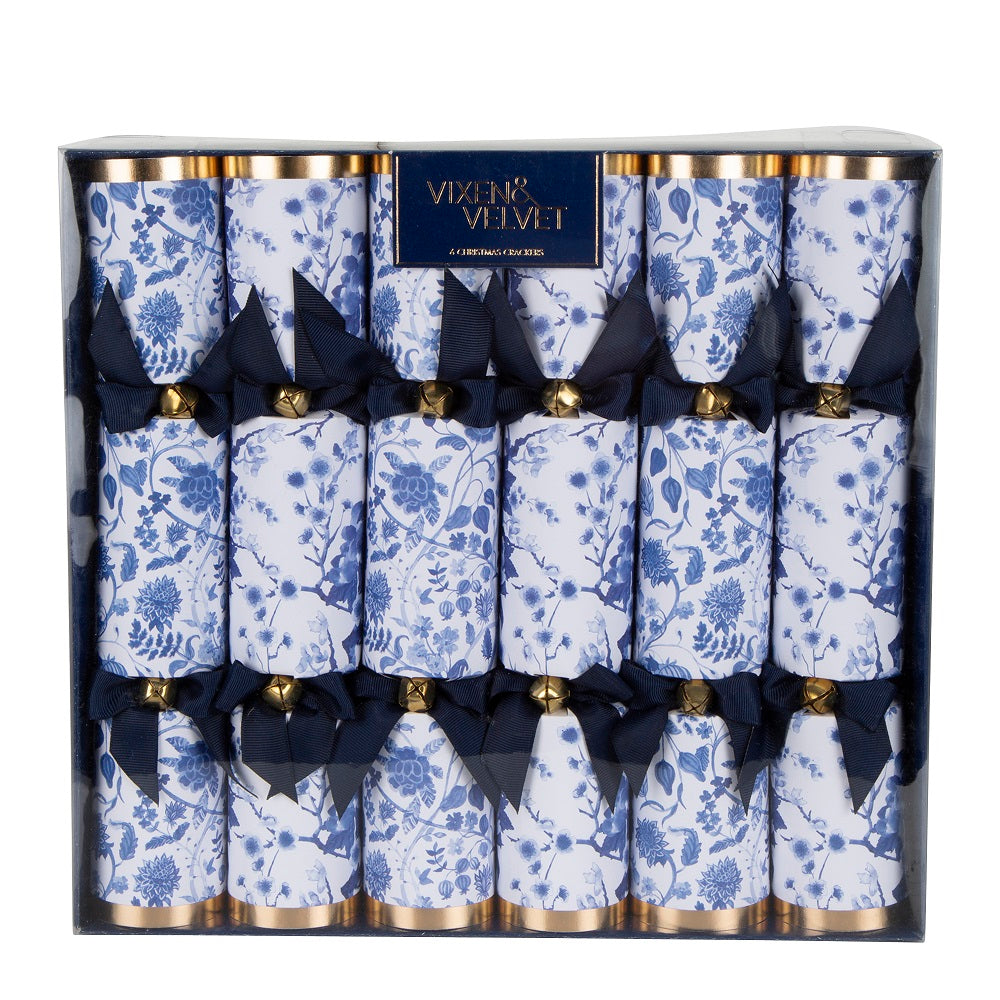 Twig and feather blue and white Christmas crackers chinoiserie 6pk