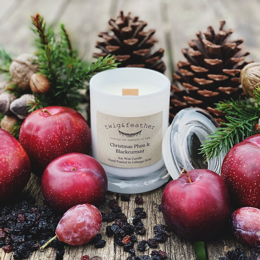 Twig and Feather Christmas Plum and Blackcurrant soy wax candle 30 hours burn time