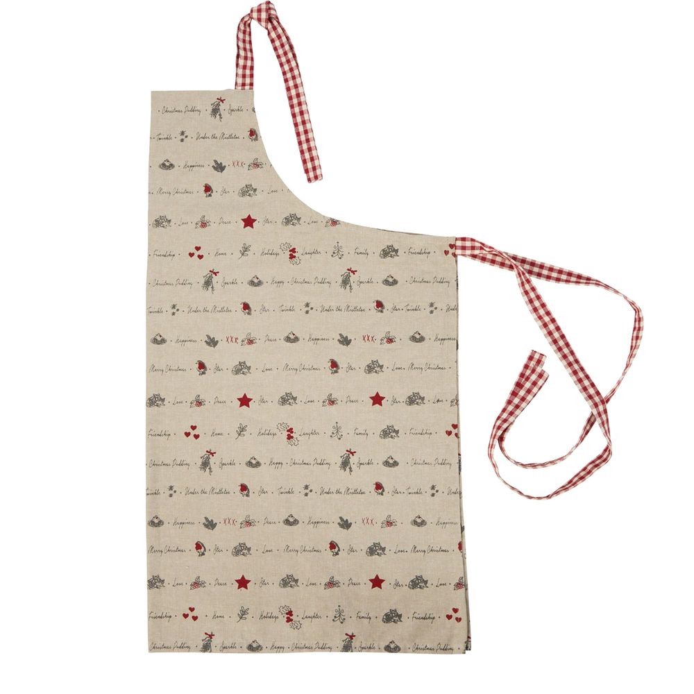 Twig and Feather gratitude Christmas apron with gingham ties
