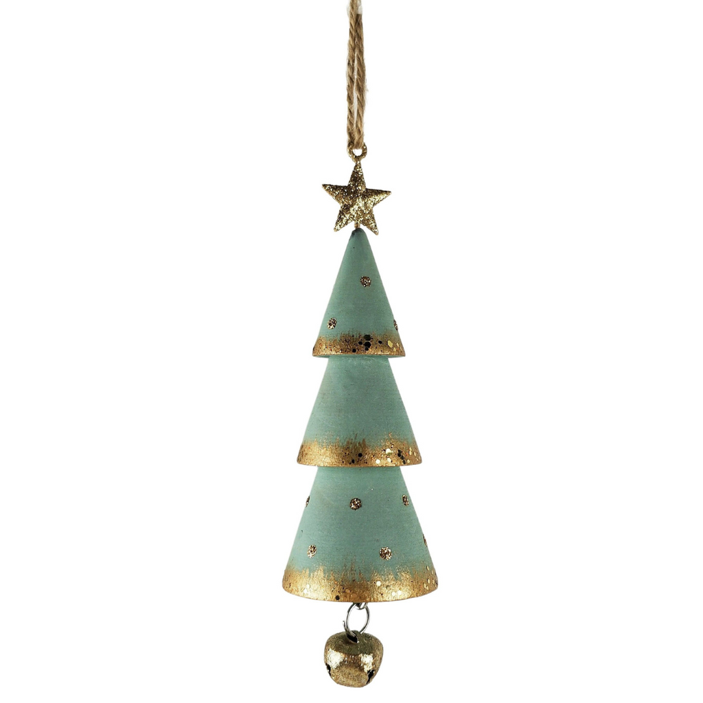 Wooden Christmas Tree with bell Hanging decoration sage green