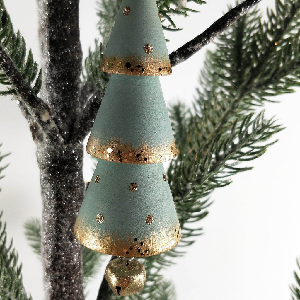 Wood Christmas Tree with Bell – Sage Green – Hanging Decoration