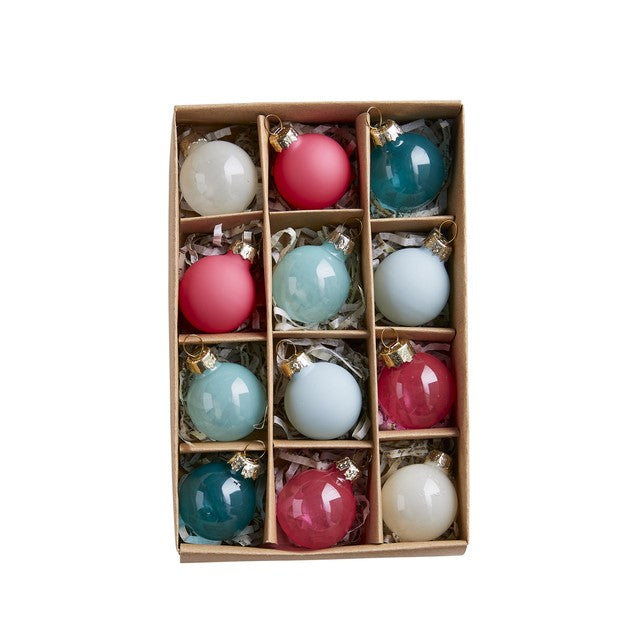 Mini glass baubles 12pk in pink, sage and ivory 