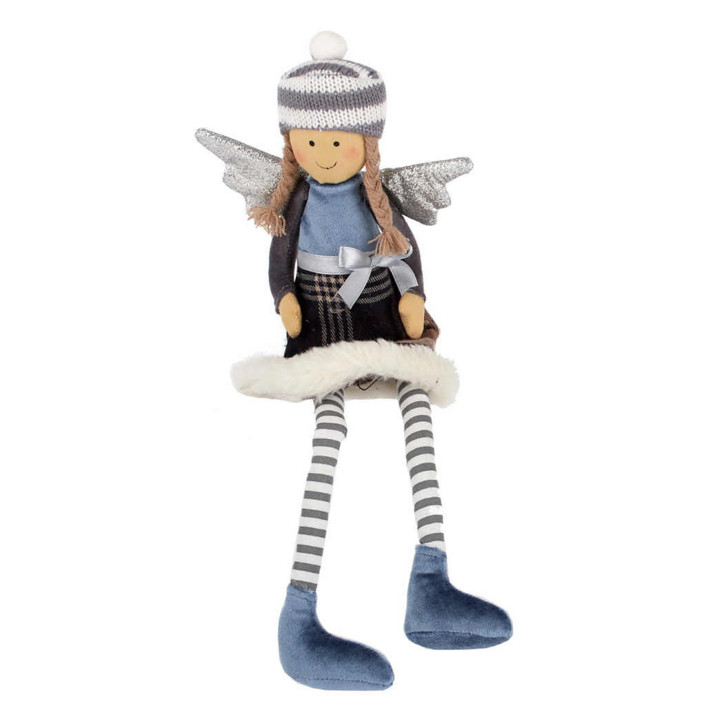Twig and Feather fabric fairy angel in blue check dress, sitting decoration