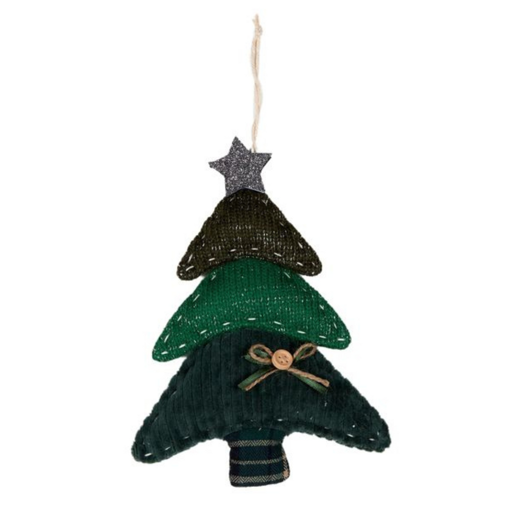 Fabric hanging Christmas tree decoration in green fabrics and textures
