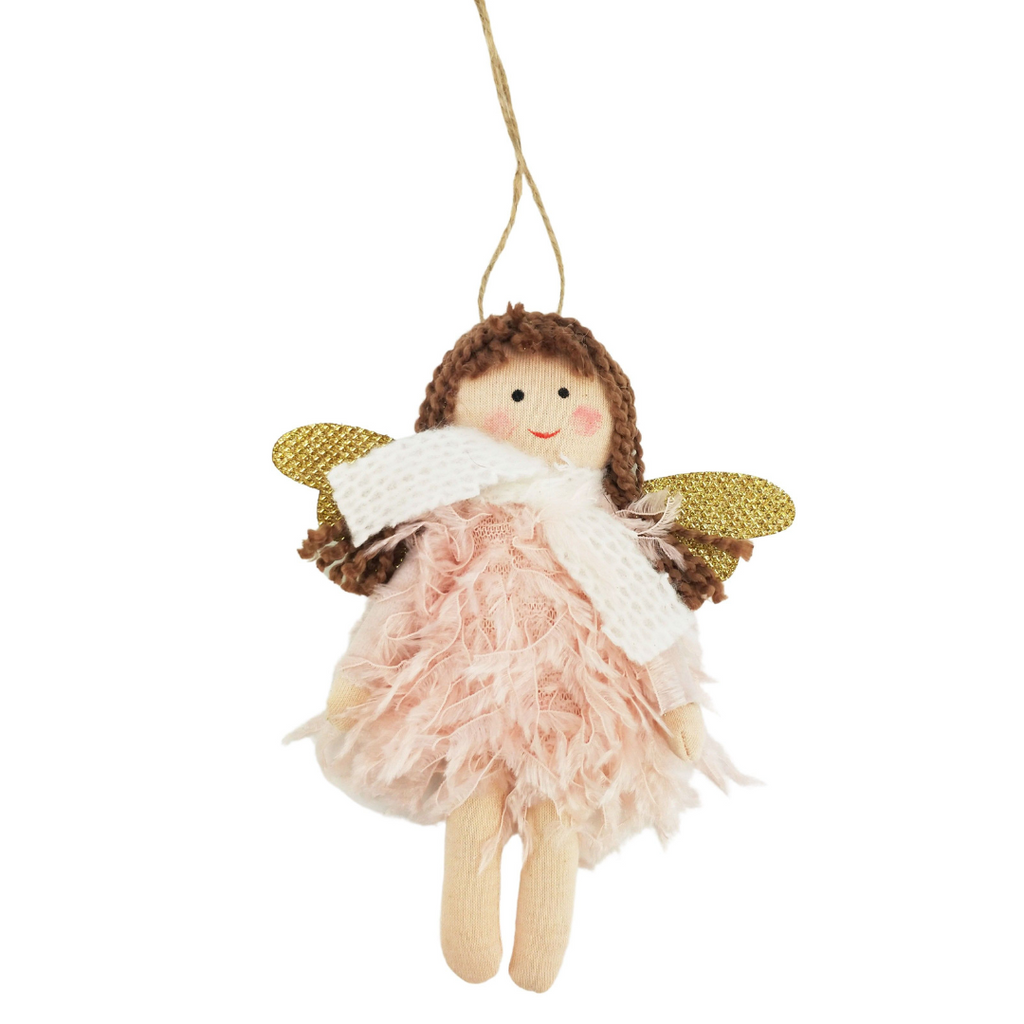 Fabric angel hanging decoration with fluffy pink dress