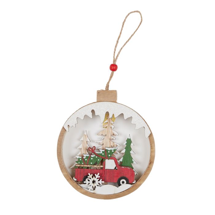 Twig and Feather wooden bauble with inset truck and trees - hanging decoration