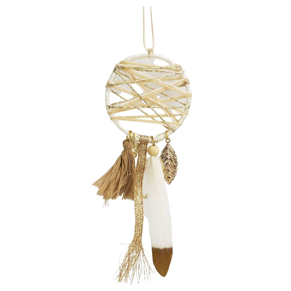 Twig and feather dream catcher in gold and white - hanging Christmas decoration