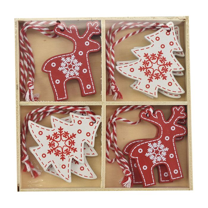 Nordic style wooden hanging decorations in red and white 8pk