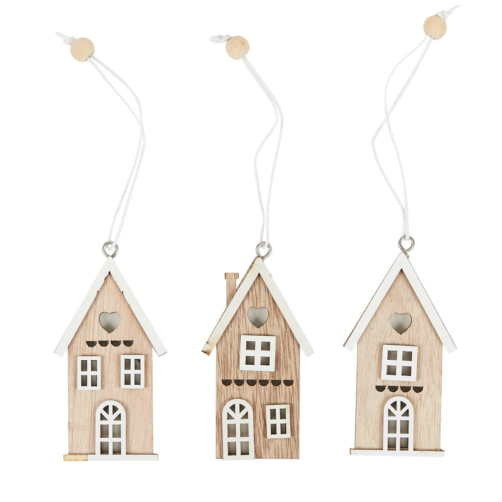 Twig and Feather hanging wood houses decoration set of 3 neutral natural
