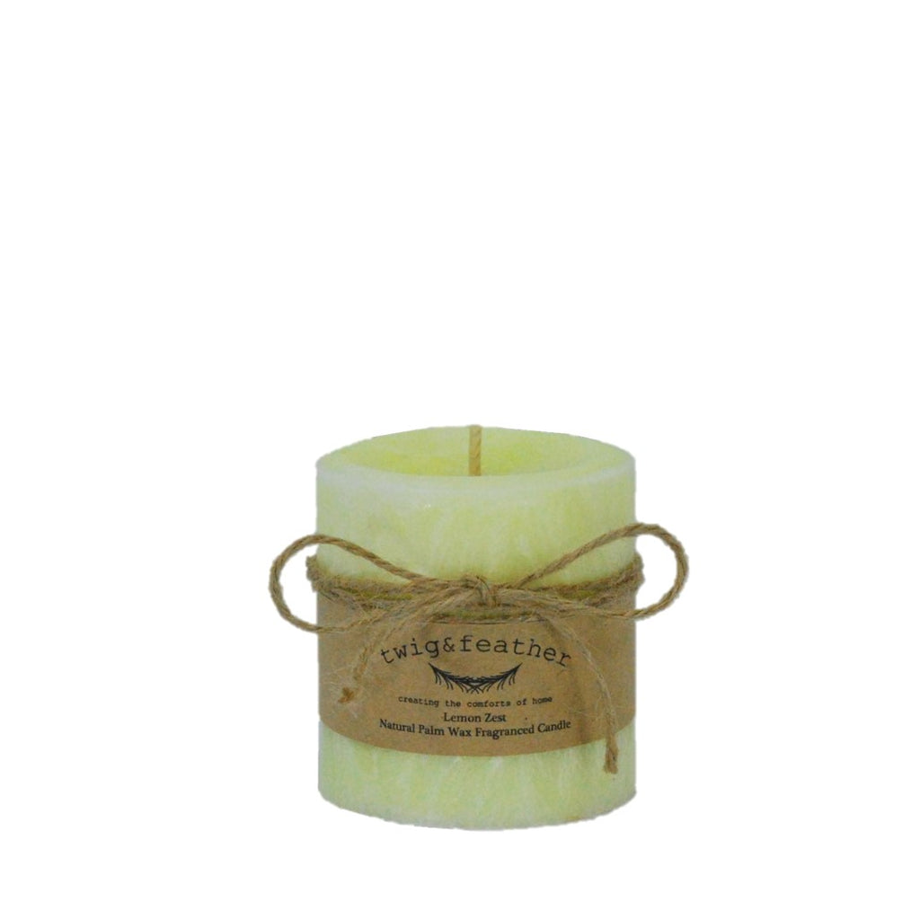 Twig and feather lemon zest palm wax pillar candle 38hr