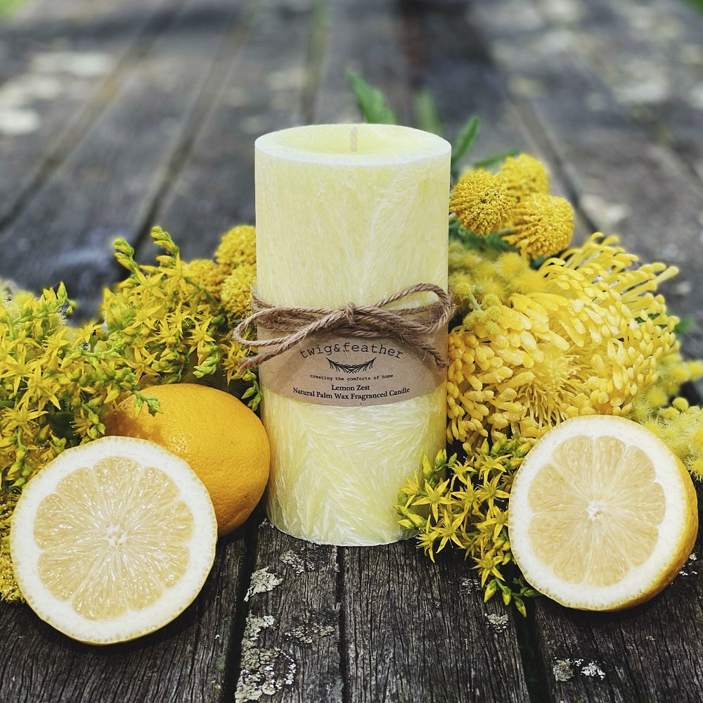 Twig and Feather lemon zest scented hand made palm wax candle 80 hours