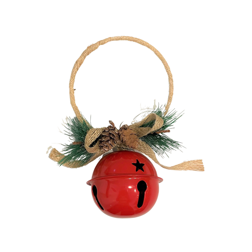 Twig and Feather mini wreath with large red bell hanging decoration