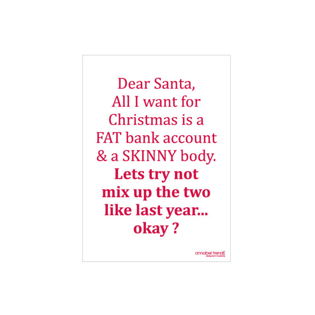 Twig and feather Christmas tea towel - Dear santa fat skinny