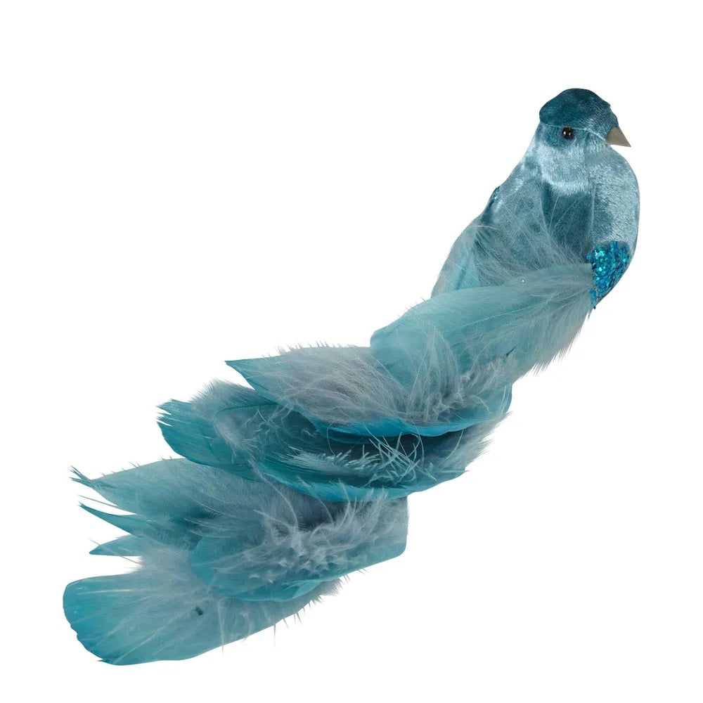 Twig and Feather velvet bird decoration aqua blue