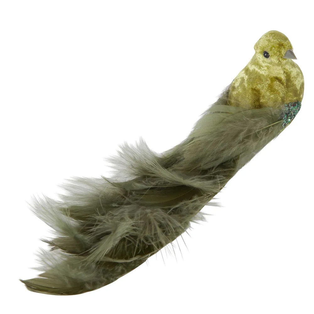Twig and Feather Velvet bird decoration in green