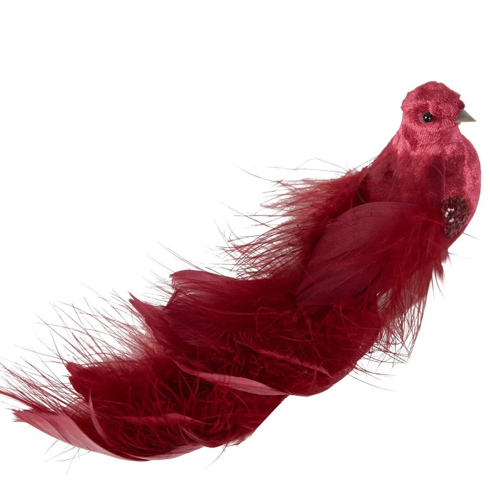 Twig and Feather velvet bird decoration plum colour