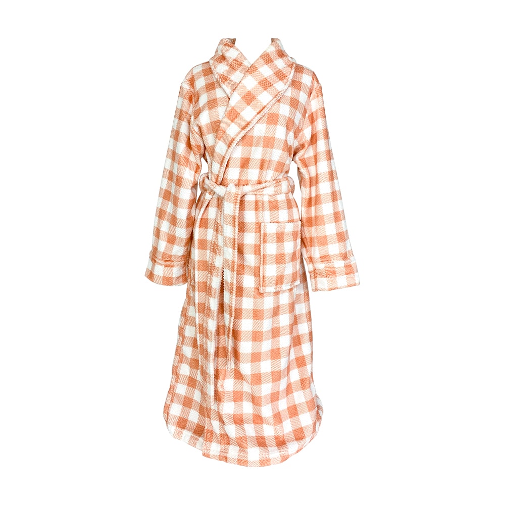 Twig and feather super soft bath robe in gingham clay and white