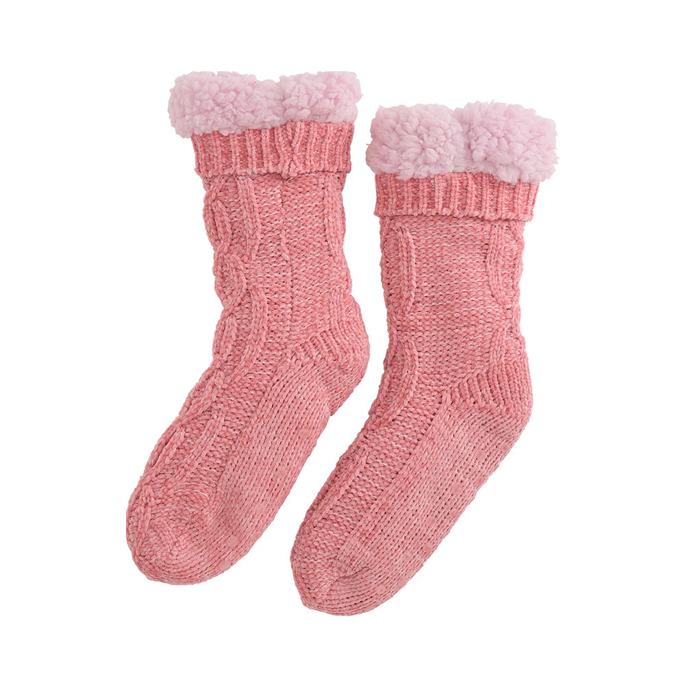 Twig and Feather Chenille lounge socks with sherpa lining which is super warm and toasty for winter