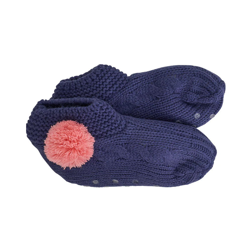 Twig and Feather Slouchy slippers with sherpa lining in navy blue with pink pom-poms