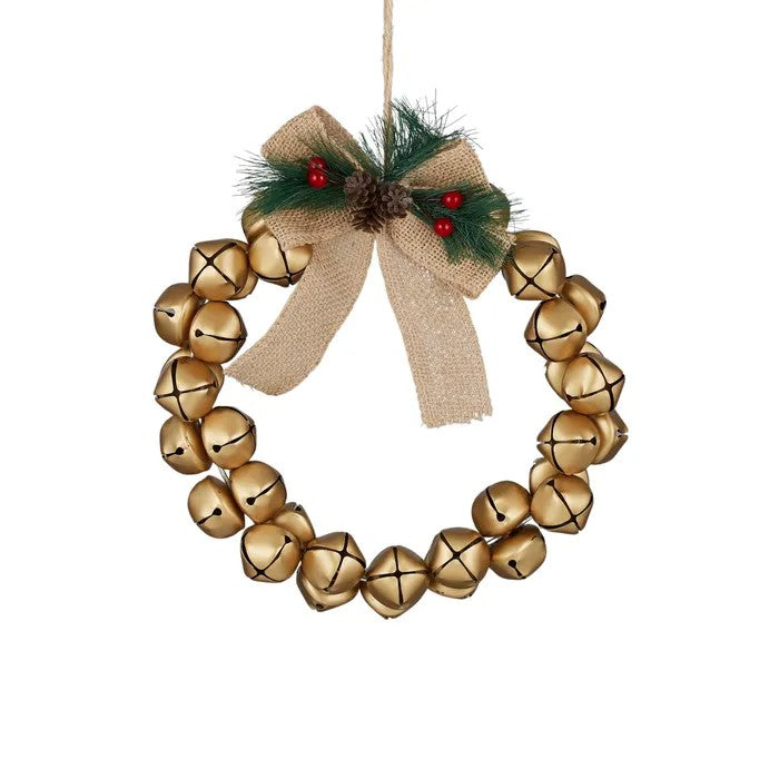 Gold bell wreath with jute bow, pine foliage, berries and mini pinecones on a white background