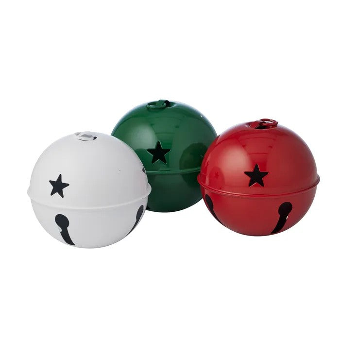 Three colorful jingle bells with star designs on a white background - 12cm diameter each