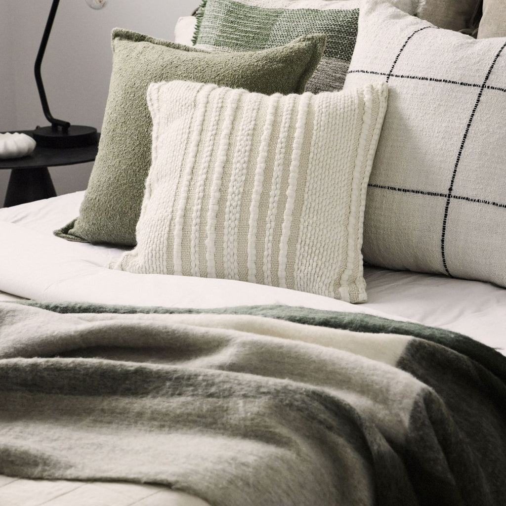 Twig and Feather - Bowie wool blend check throw rug in green, forest green, taupe and ivory