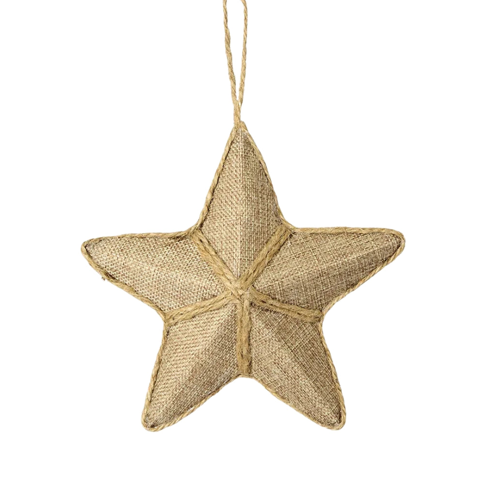 Star ornament made of linen-look fabric and jute detailing hanging on white background