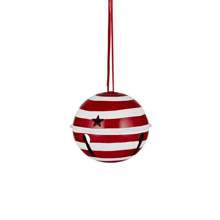 Red and white striped ball-shaped ornament with a star on a white background