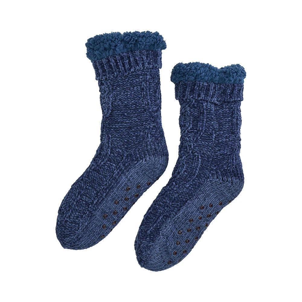 Twig and Feather Room Socks – Chenille with Sherpa Lining – Navy Blue - super warm and toasty for winter