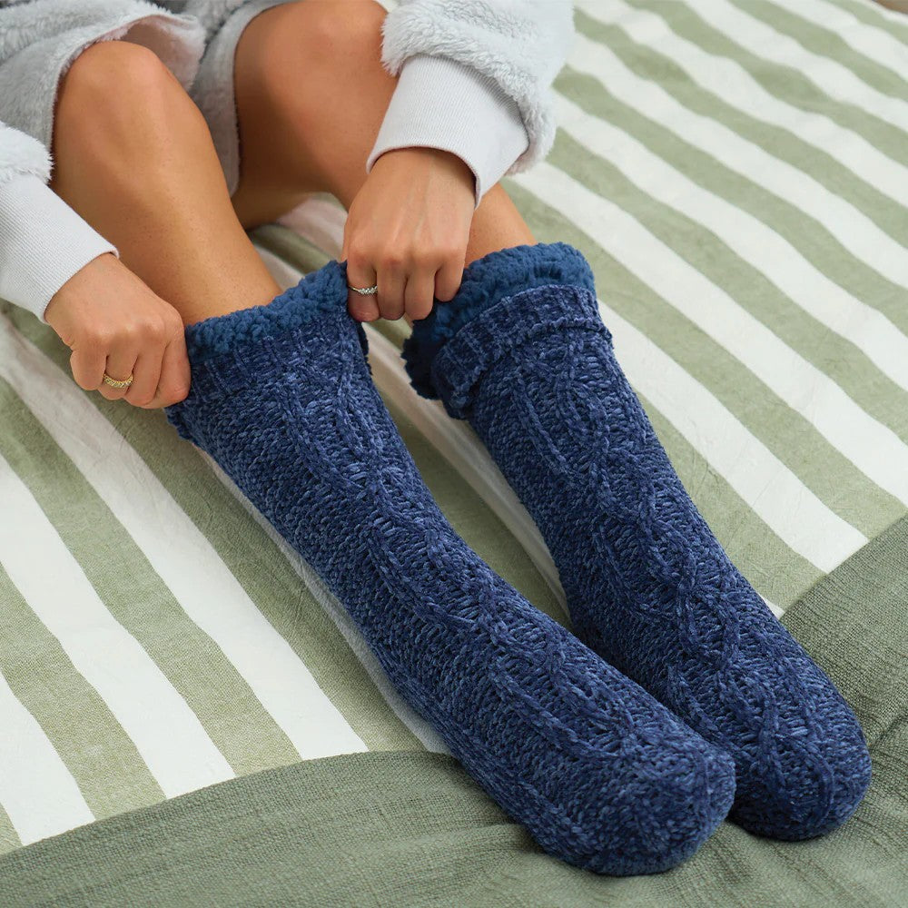 Twig and Feather Room Socks – Chenille with Sherpa Lining – Navy Blue - super warm and toasty for snuggling on lounge