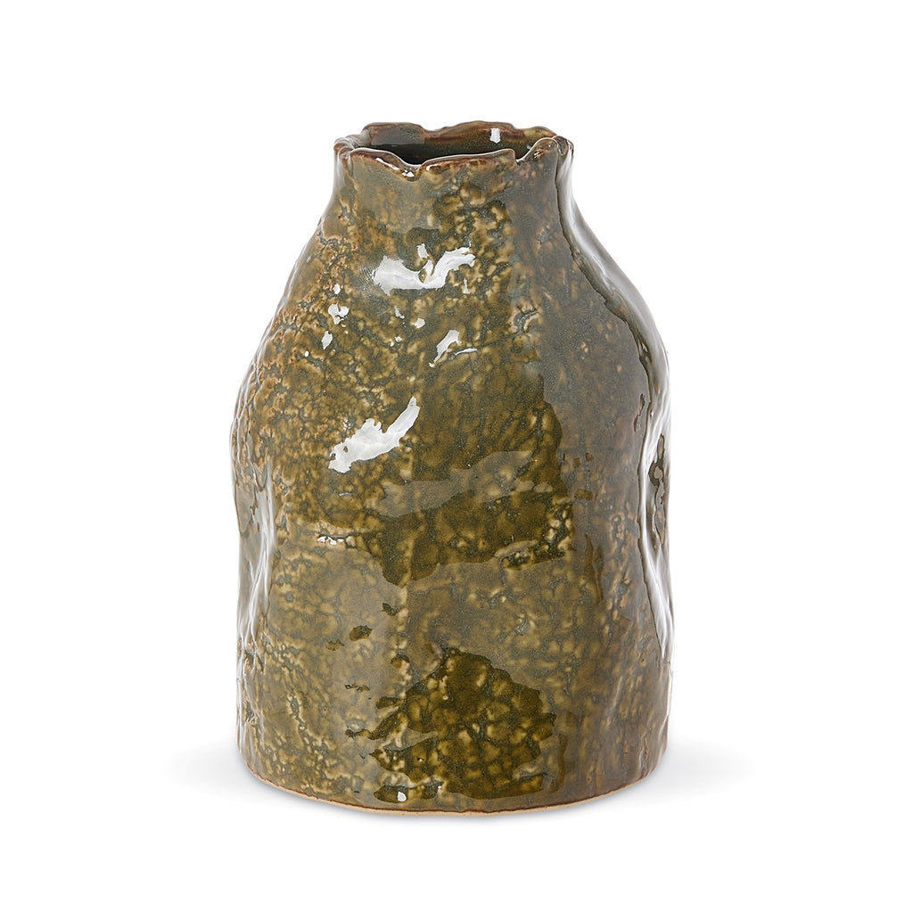 Twig and Feather: Olive Green ceramic vase with textured surface on a white background by Madras Link